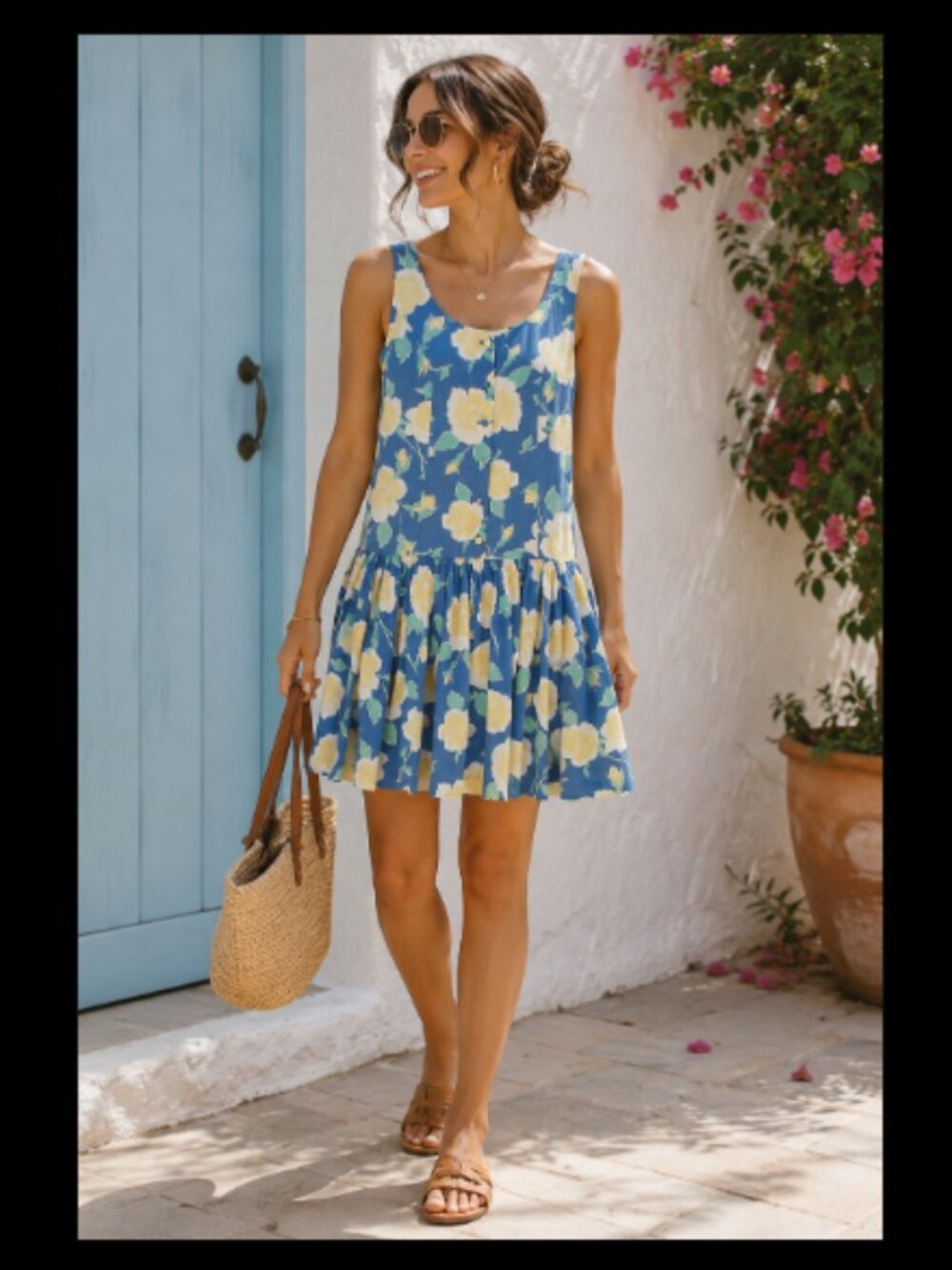 Laura Ashley Floral Sleeveless Dress Blue Yellow Cotton Sundress Vintage Small